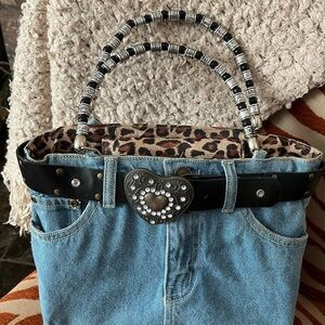 Denim and Leopard Print Handbag with Heart Accent
